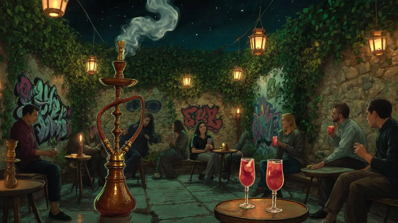 Hidden garden shisha spot with lanterns, vines, and hand-carved hookahs in a quiet courtyard at night.