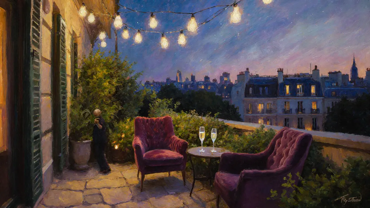Hidden rooftop garden at Four Seasons Hotel George V with string lights, empty chairs, and champagne flute at dusk.