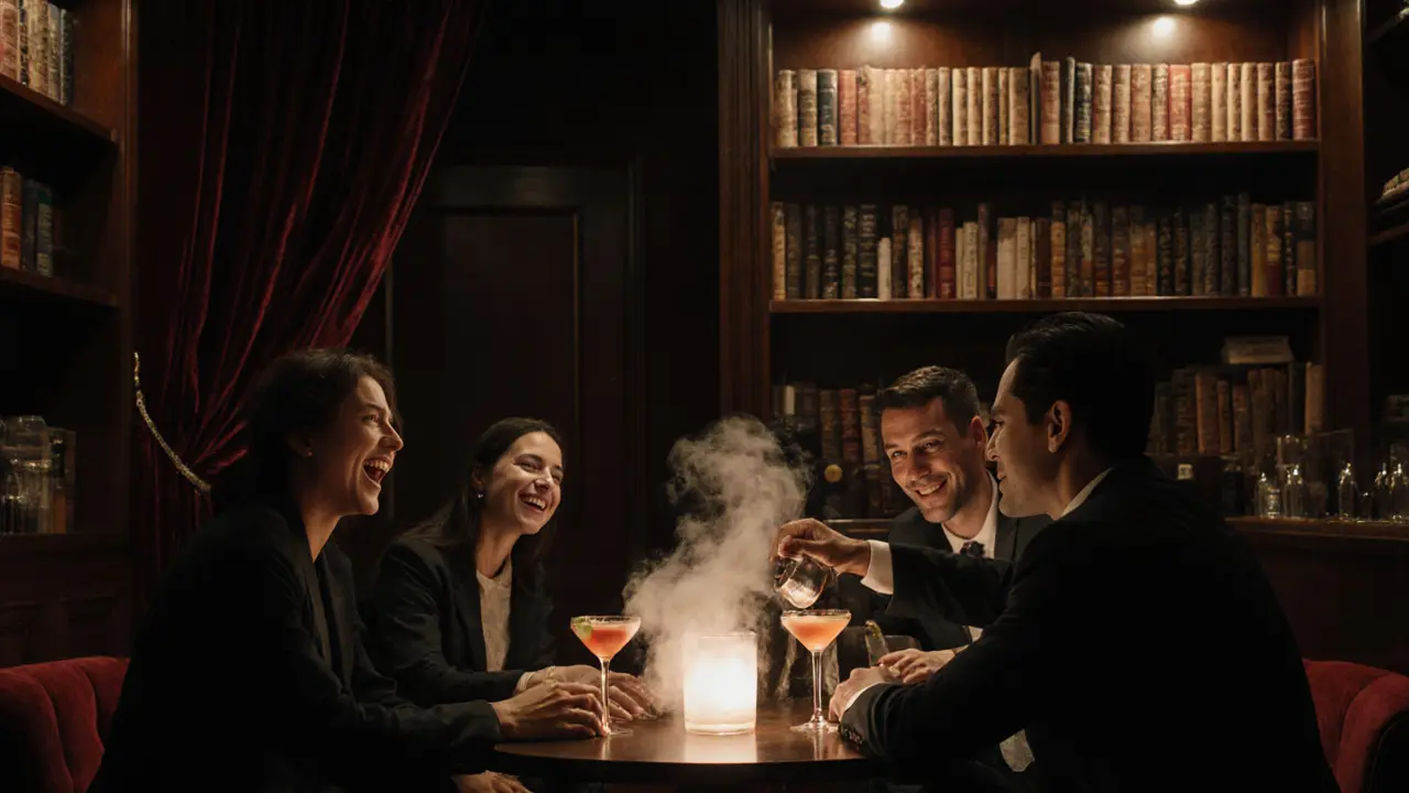 Hidden speakeasy bar with bookshelves and velvet curtain, patrons sipping cocktails in dim, intimate lighting.