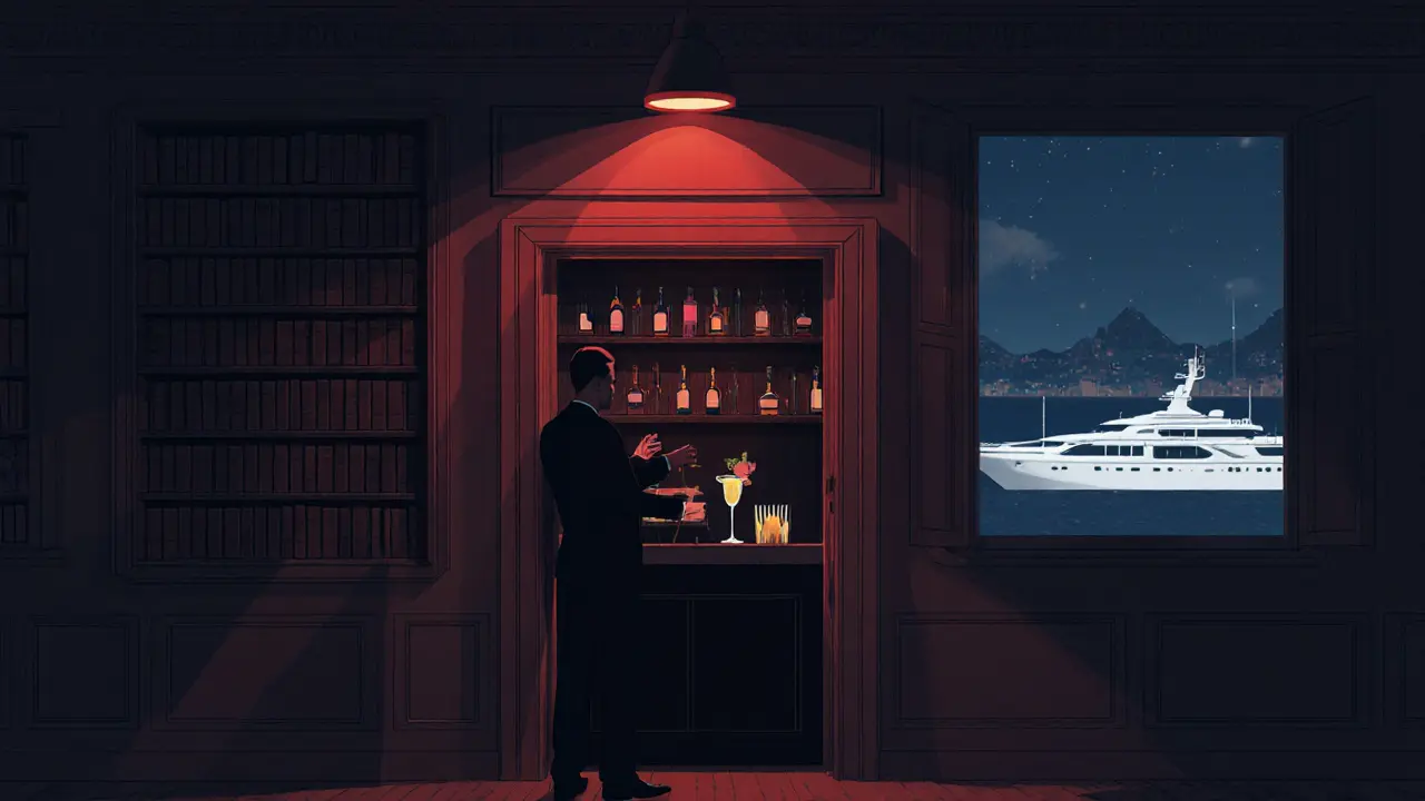 Hidden speakeasy behind a bookshelf, red light above the door, bartender mixing a rare cocktail in dim ambiance.