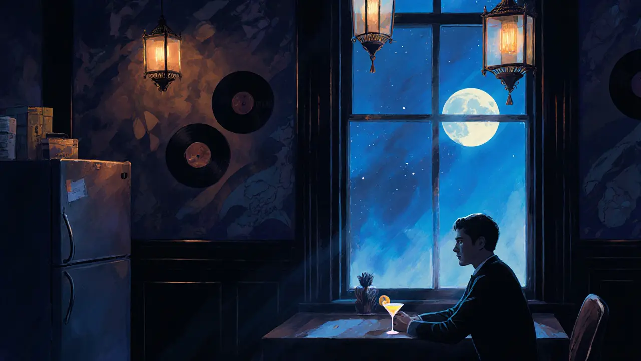 Hidden speakeasy interior in Camden with a lone guest by a moonlit window.