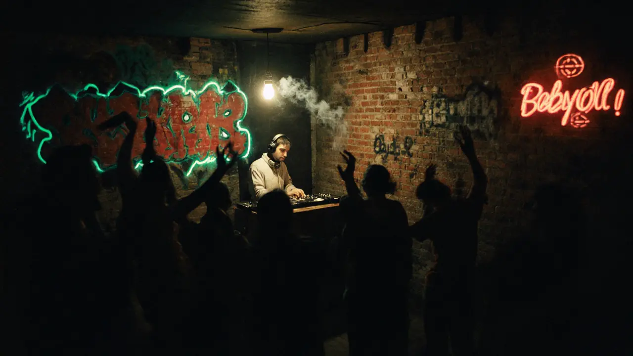 Hidden underground club in Beyoğlu with neon graffiti and dancers under dim lighting.