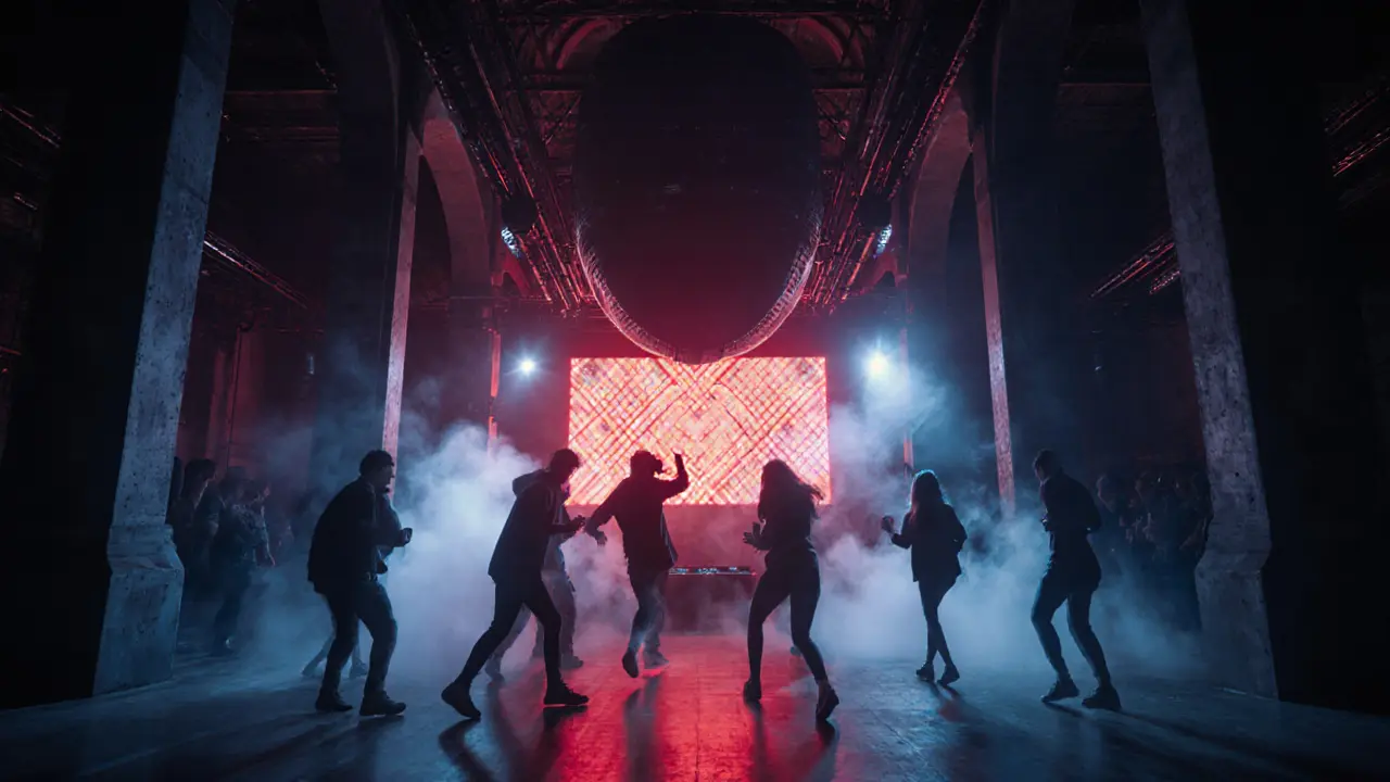 Industrial nightclub Fabric at night, with pulsing neon lights and silhouetted dancers moved by deep techno beats.