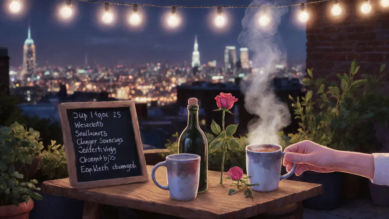 Intimate rooftop garden in Shoreditch with string lights, wine, and a single rose on a table.