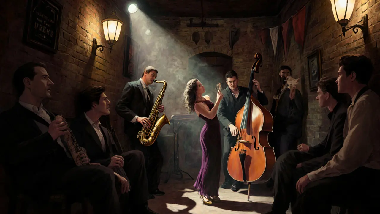 Jazz cellar in Latin Quarter with musicians playing, patrons listening intently in dim, smoky light.