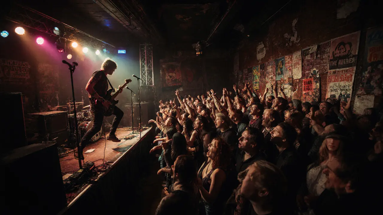 Live band performing on a gritty stage as fans jump and scream in a packed venue.