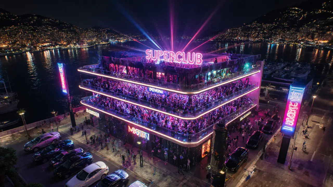Massive nightclub with rooftop terrace overlooking Monaco harbor, crowd dancing under pulsing neon lights.