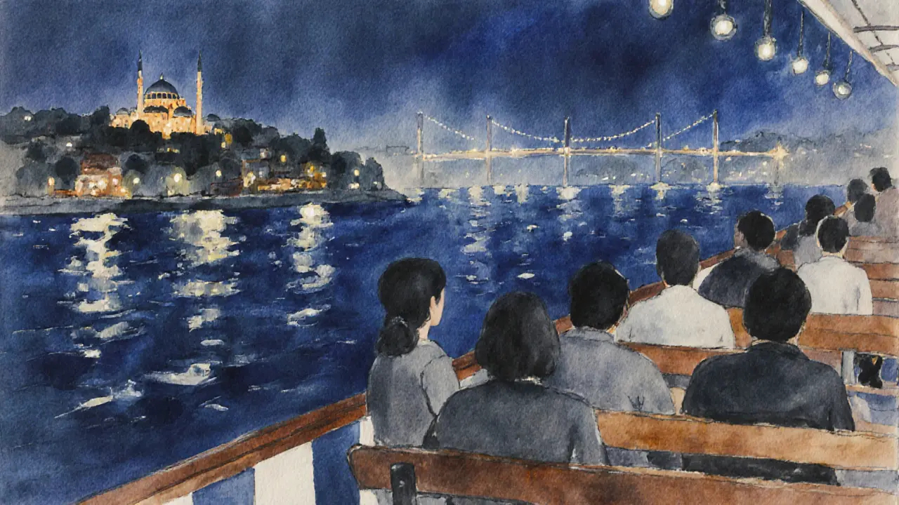 Midnight ferry on the Bosphorus with passengers silhouetted against city lights.