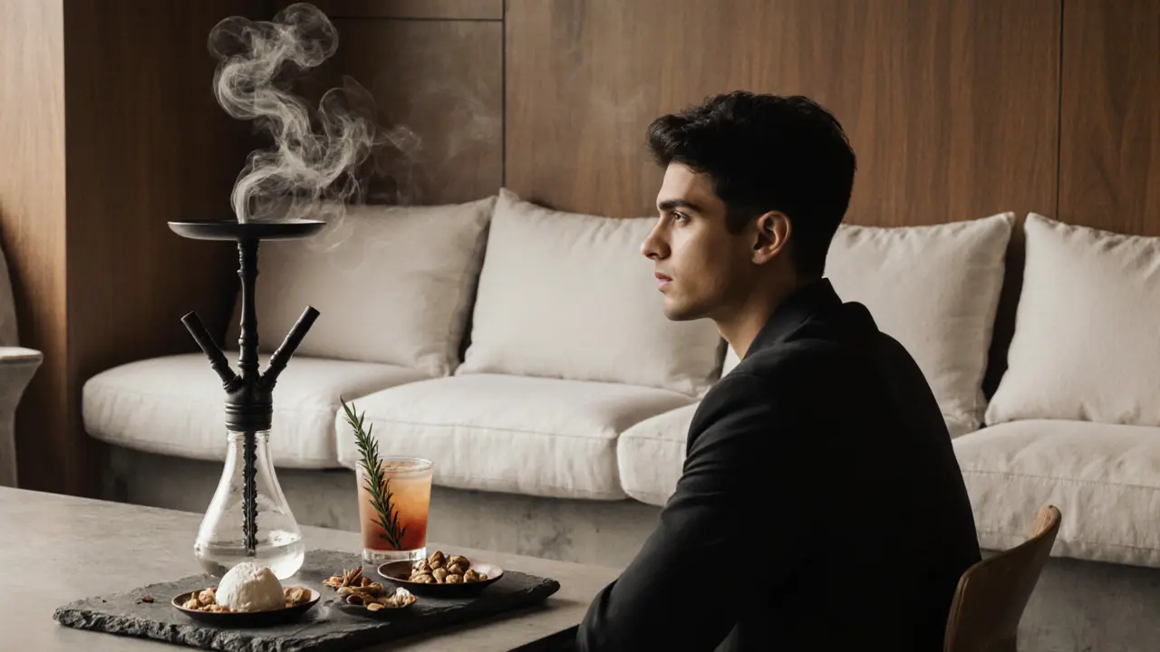 Modern shisha lounge with minimalist design, herbal tobacco smoke, and artisanal snacks on a wooden table.