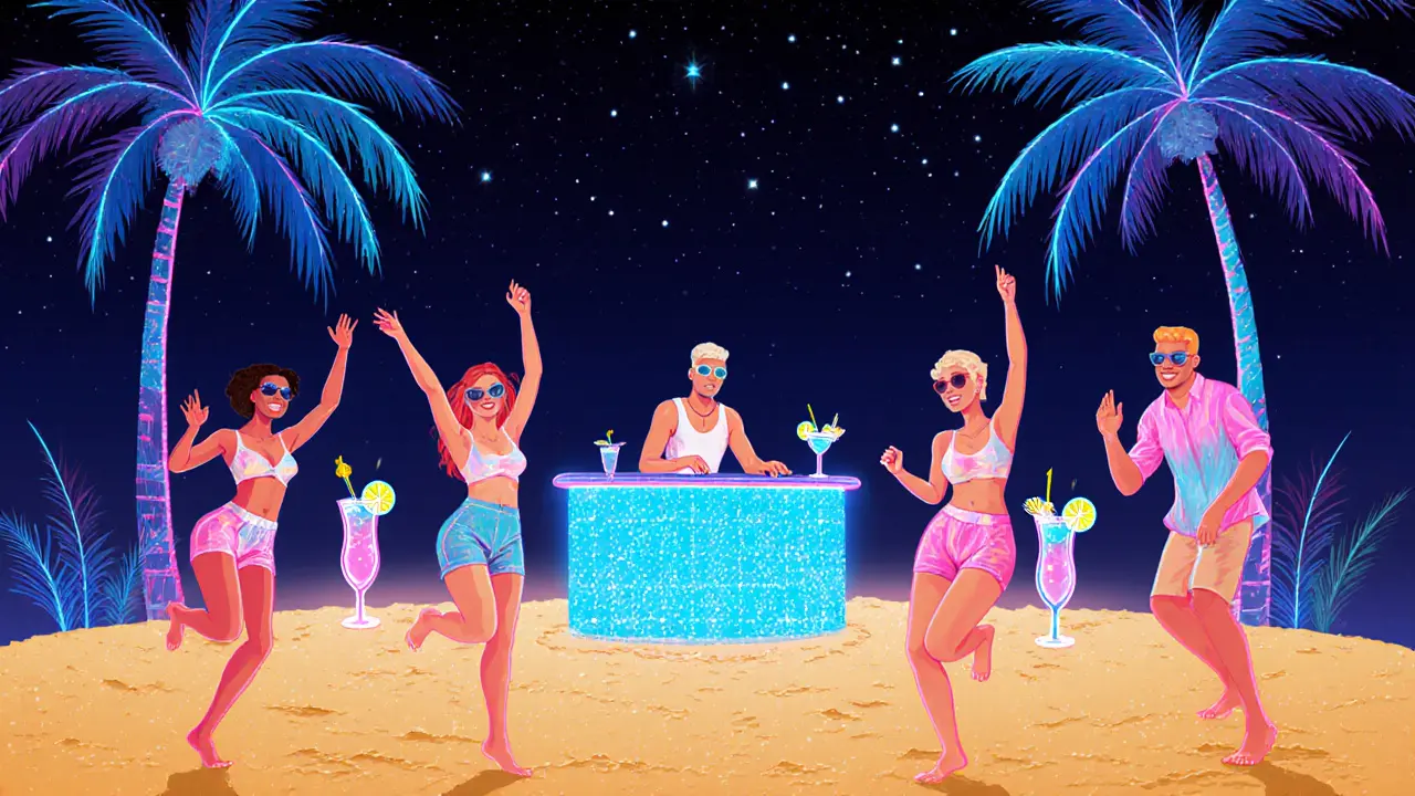 Nighttime beach party with people dancing on sand under neon lights and palm trees, vibrant and energetic.
