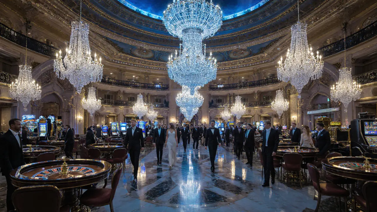 Opulent casino hall with chandeliers and elegantly dressed guests walking past roulette tables.
