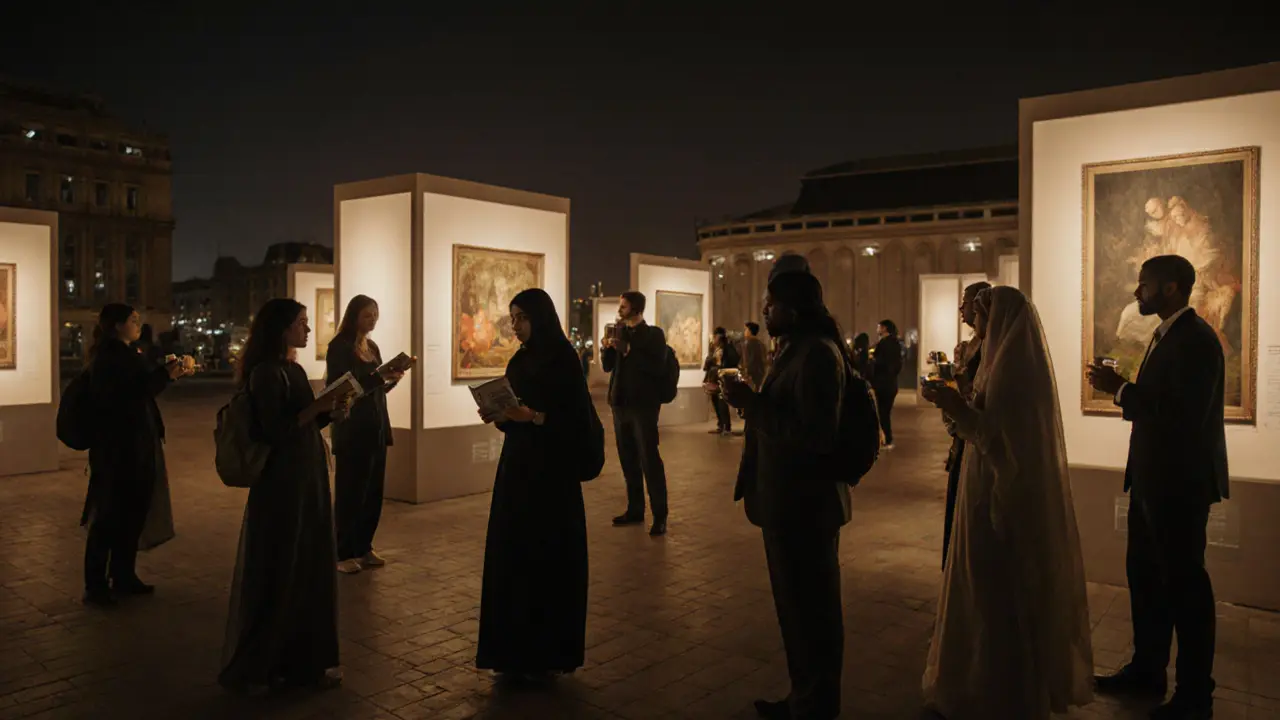 People enjoying art and tea at Louvre Abu Dhabi’s outdoor plaza in the evening.