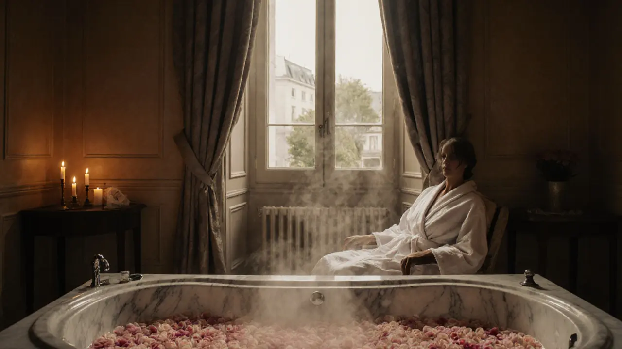 Private spa with rose petals in a marble tub, candlelight, and steam rising under soft illumination.
