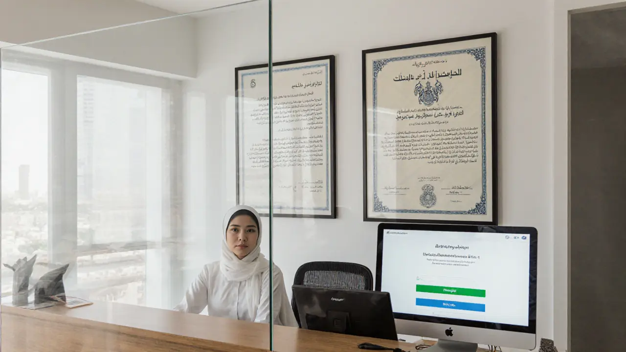 Professional escort agency office with verified credentials and secure payment system visible.