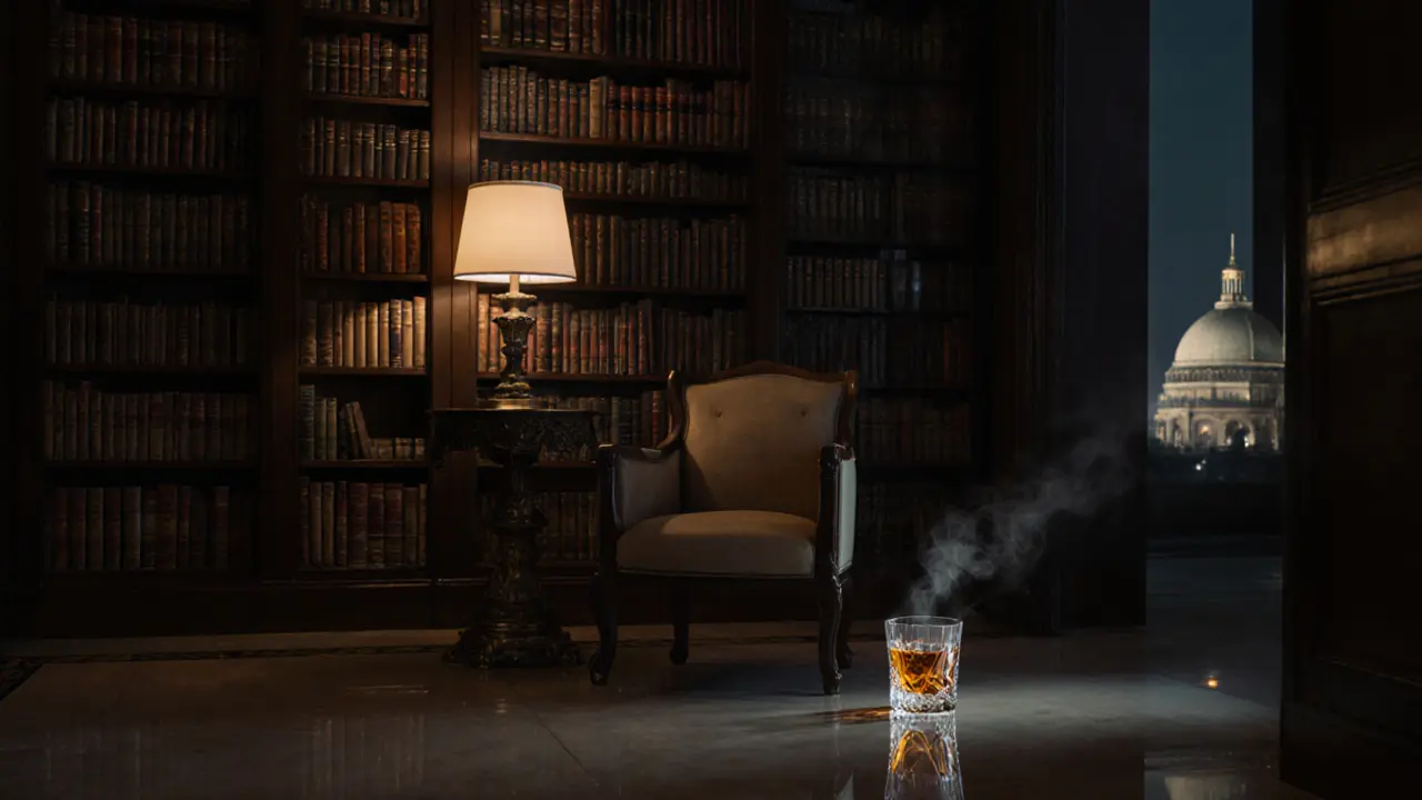 Quiet library inside a palace with a single drink and thousands of books.