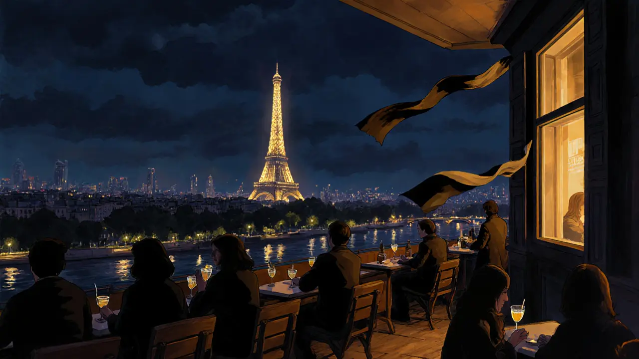Rooftop bar with a glowing Eiffel Tower in the background, locals enjoying cocktails under the night sky.