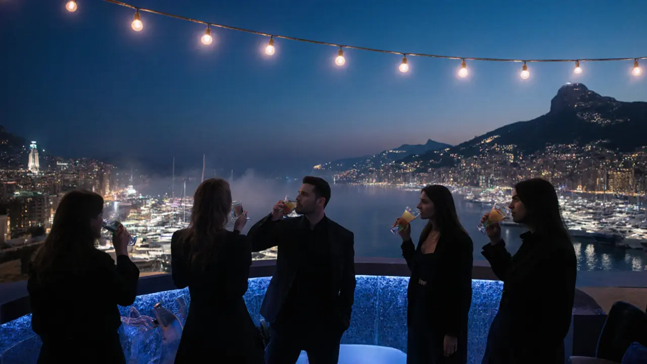 Rooftop club at night with yachts lit up, people in black attire under string lights.