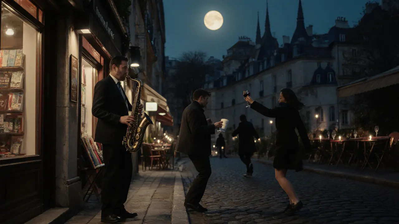 Saxophonist playing on a moonlit Montmartre street, passerby dancing with wine cup under night sky.