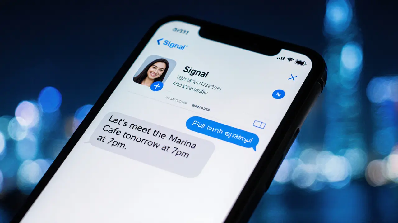 Secure encrypted message on a smartphone screen with city lights blurred in the background.