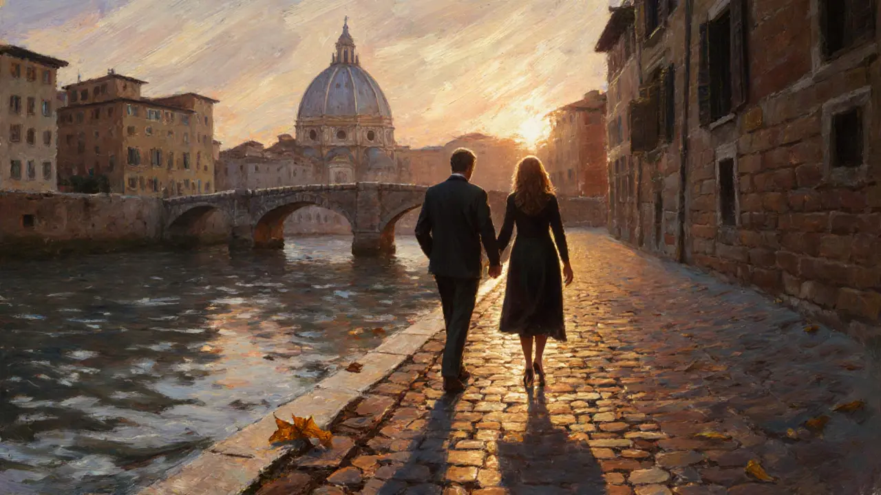 Silent walk along the Arno River at sunset, Duomo glowing in distance, hands nearly touching, leaves on cobblestones.