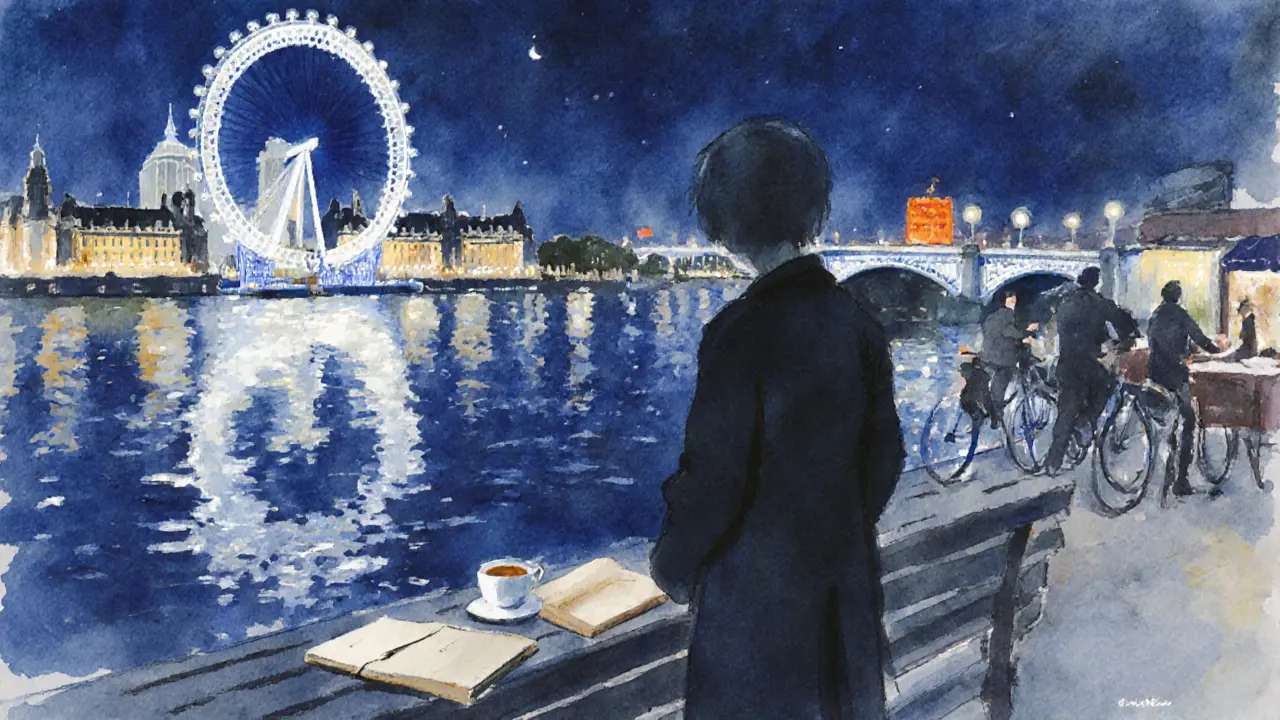 Solitary figure on South Bank watching the London Eye glow over the Thames at night.