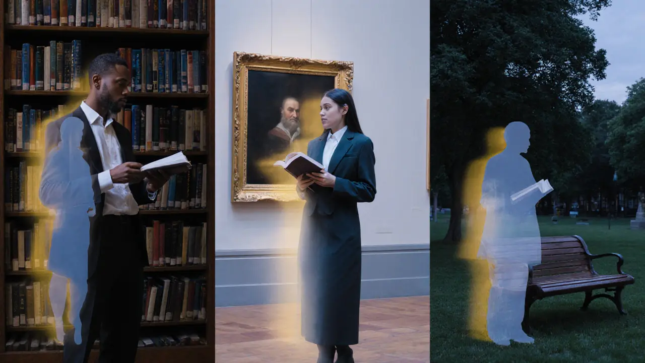 Three individuals alone in serene settings, each accompanied by a faint, translucent companion.