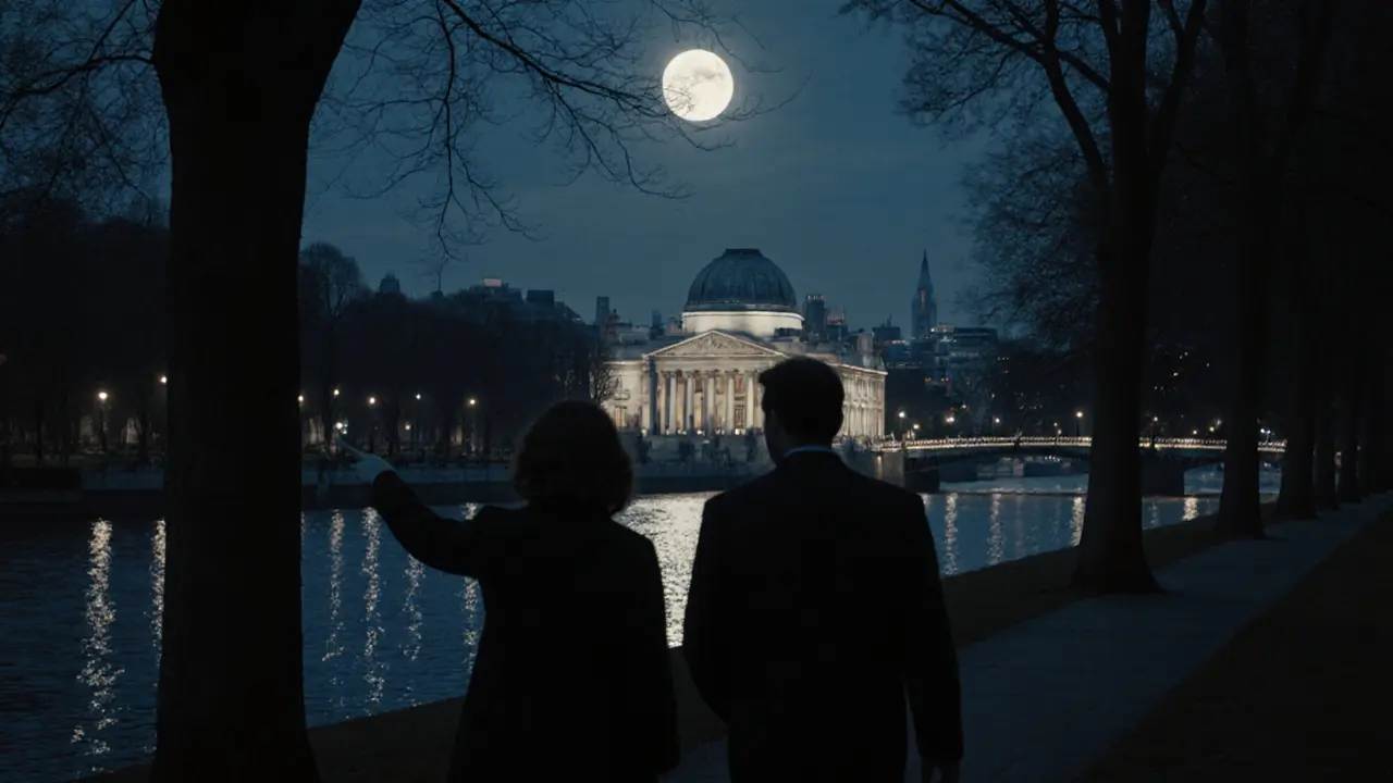 Two figures walking peacefully through Hyde Park at night, the Serpentine Gallery glowing in the distance.