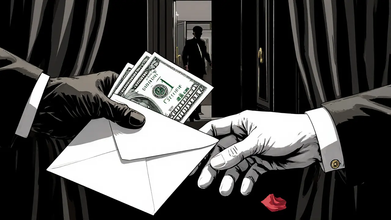 Two hands exchange an envelope in a dim hotel hallway, no faces visible, only textures and silence.