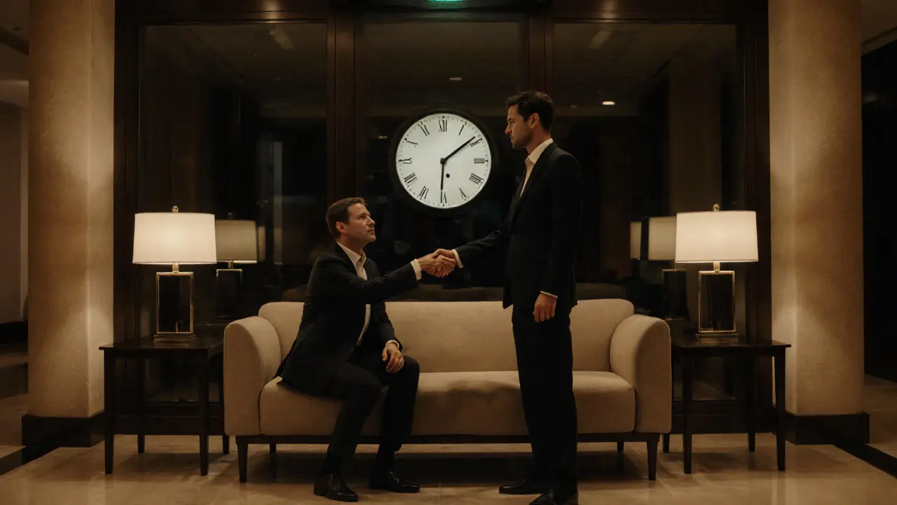 Two individuals meeting calmly in a hotel lobby, exchanging a respectful handshake under soft ambient light.
