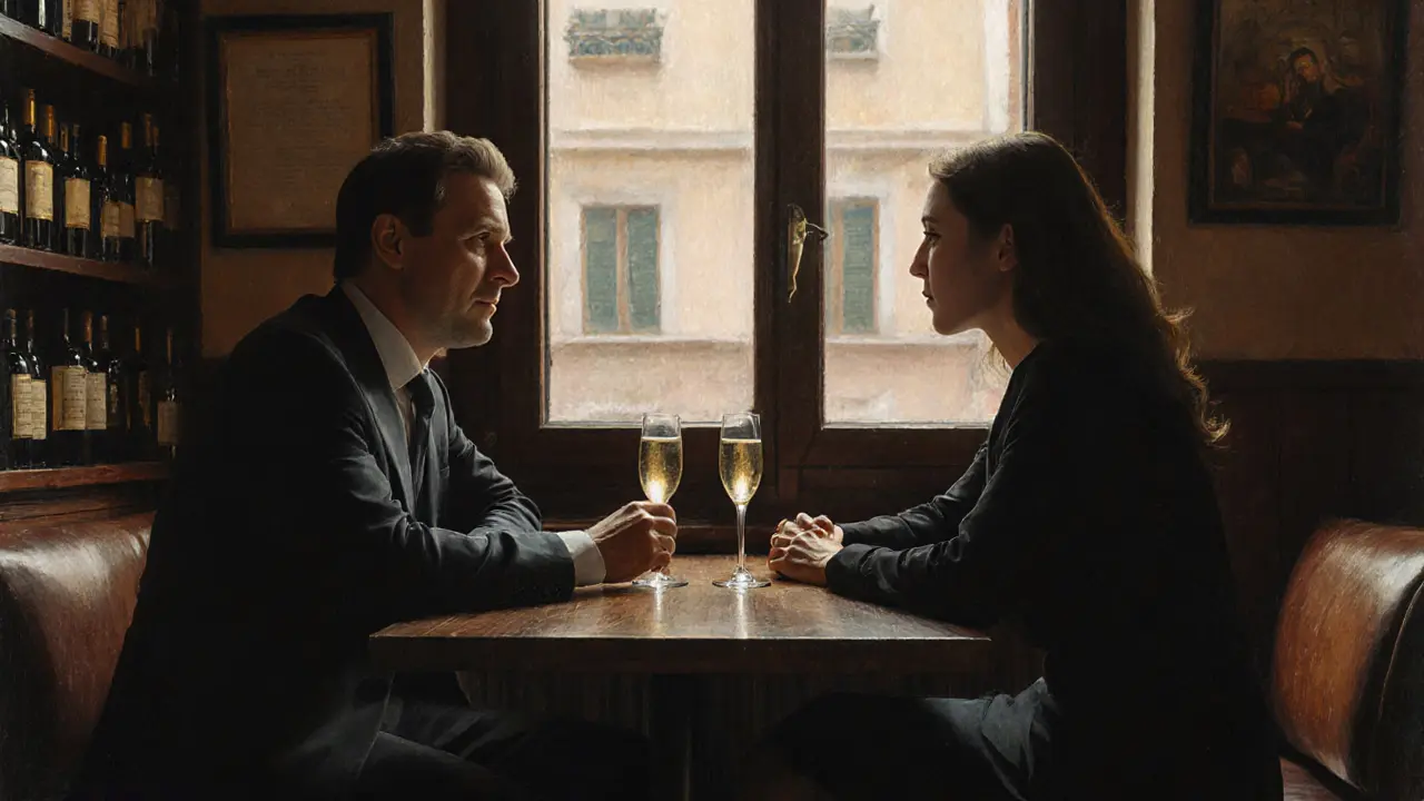Two people sharing Prosecco in a cozy Navigli wine bar, engaged in respectful, relaxed conversation.