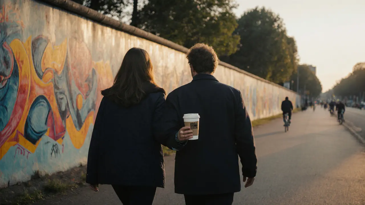 Two people walking peacefully along the East Side Gallery at sunrise, no phones, just quiet observation.