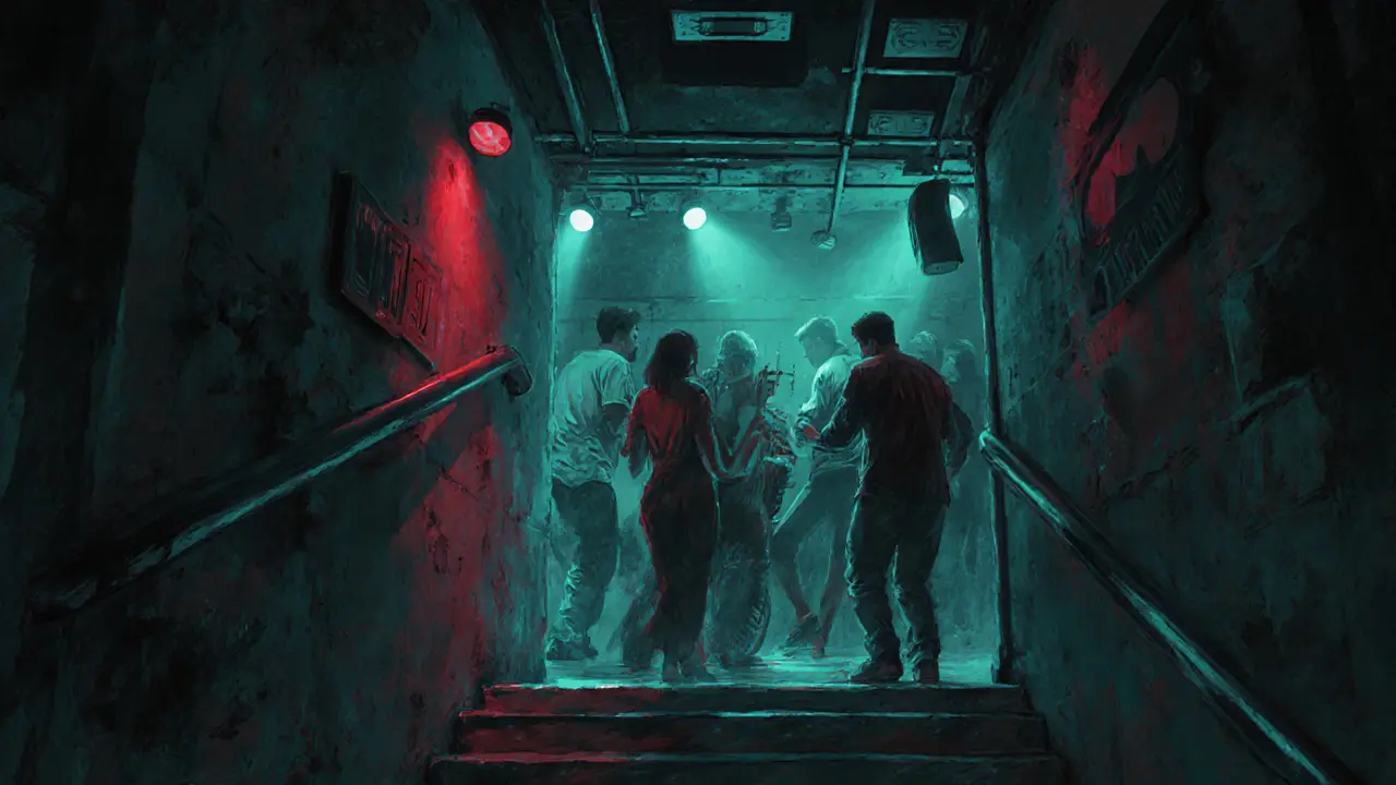 Underground club with bass-pulsing sound system and dancers in dim, moody lighting.