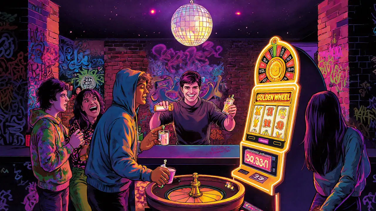 Vibrant Club 33 casino with neon slots, roulette wheel, and disco ball in Soho.