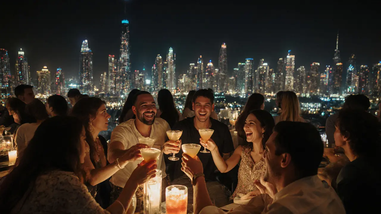 Vibrant rooftop bar in Dubai at night, people socializing with city skyline glowing in background.