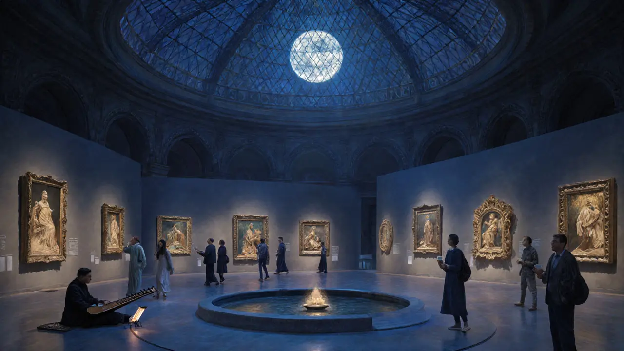 Visitors quietly enjoying art and oud music at the Louvre Abu Dhabi during a nighttime event.