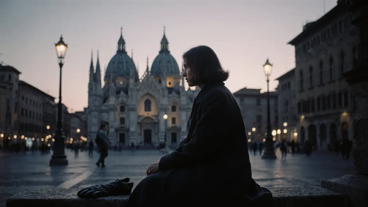Woman sitting alone on a bench outside Brera art gallery at twilight, coat beside her, city lights beginning to glow.