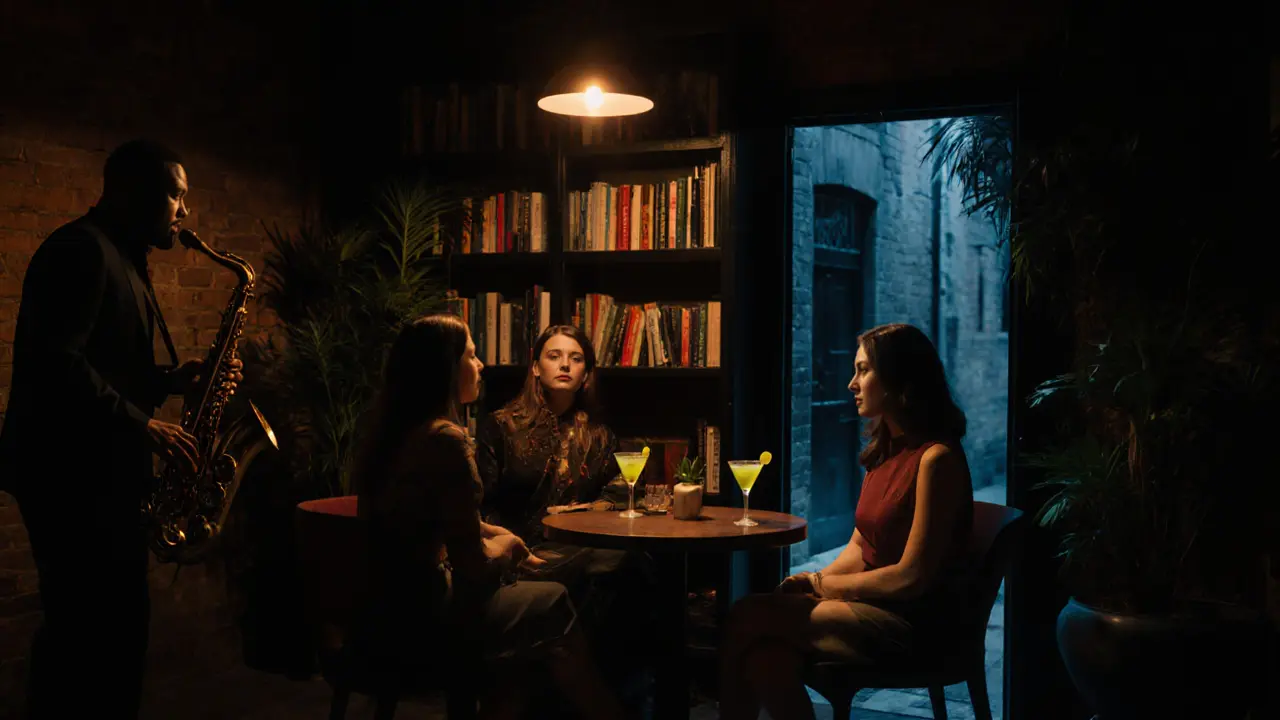 Women sipping cocktails in a hidden jazz club illuminated by a saxophonist&#039;s spotlight.