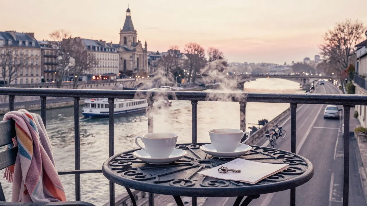 A balcony overlooking the Seine at sunrise with two teacups and a scarf on an empty chair.