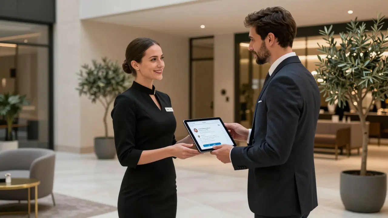 A client and escort in a luxury hotel lobby reviewing a digital payment and client feedback on a tablet.