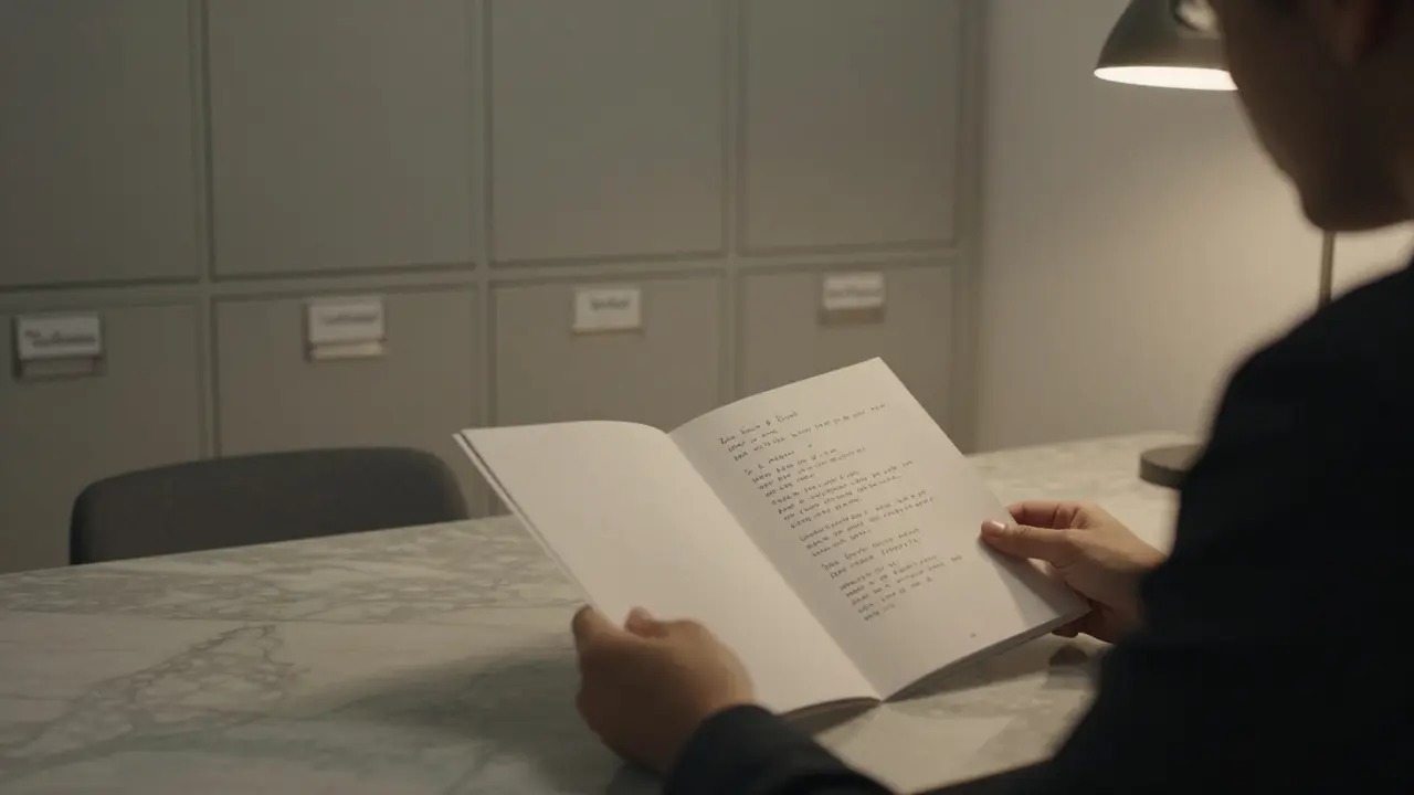 A client reviewing a confidential escort profile with handwritten notes, no photos, in a minimalist office setting.