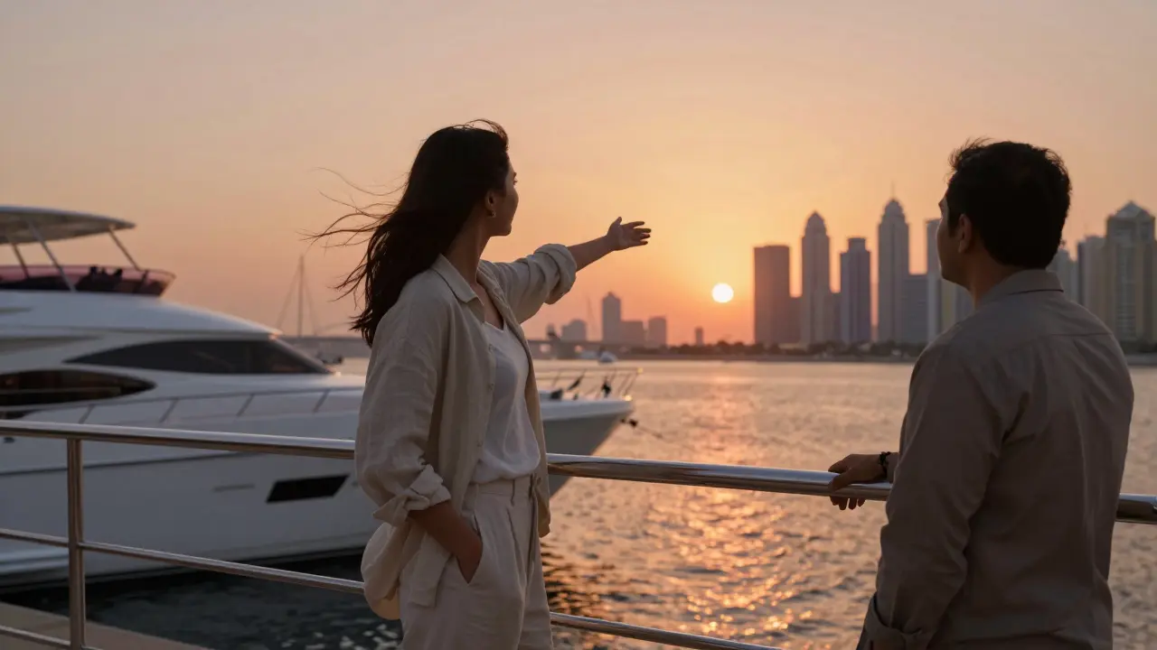 A companion and client on a luxury yacht at sunset, enjoying the Dubai Marina skyline together.