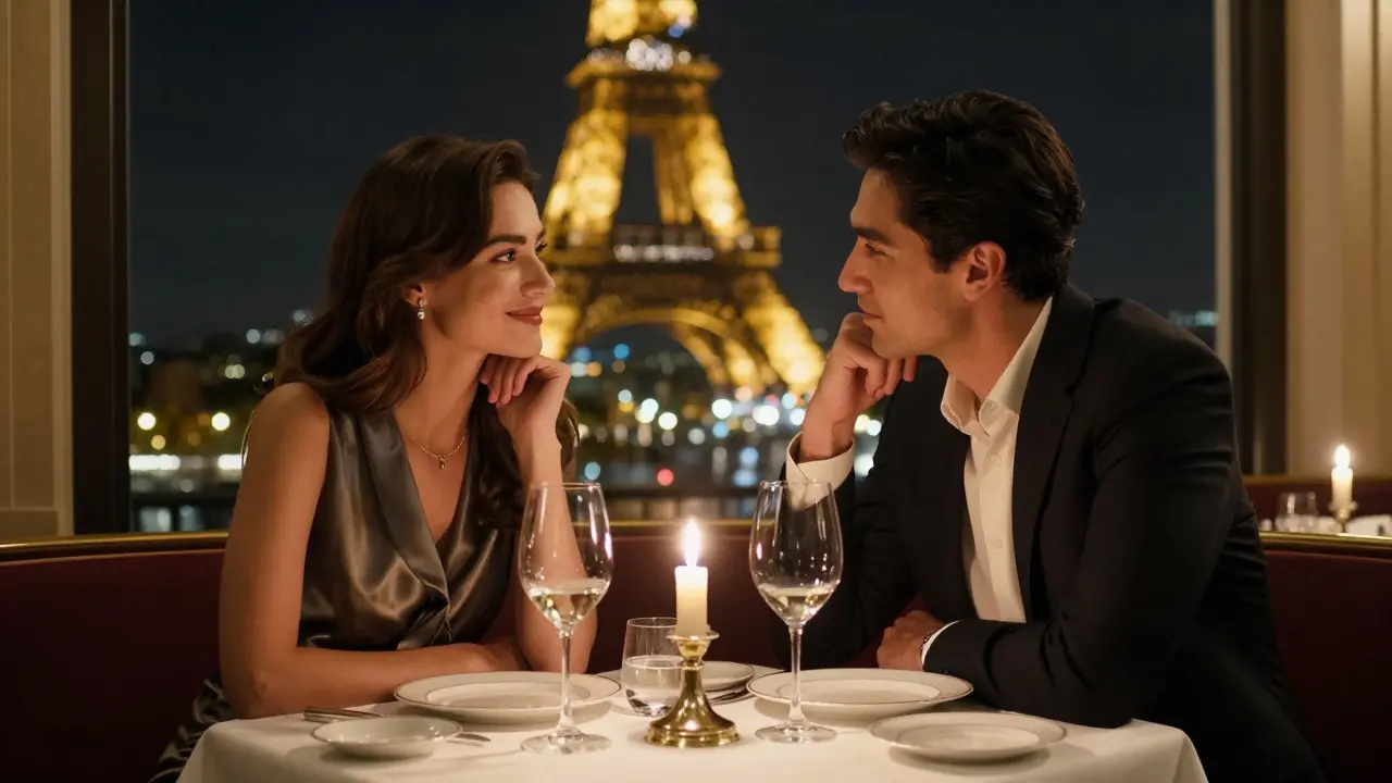 A couple enjoying a candlelit dinner at an upscale Paris restaurant with Eiffel Tower lights in the background.