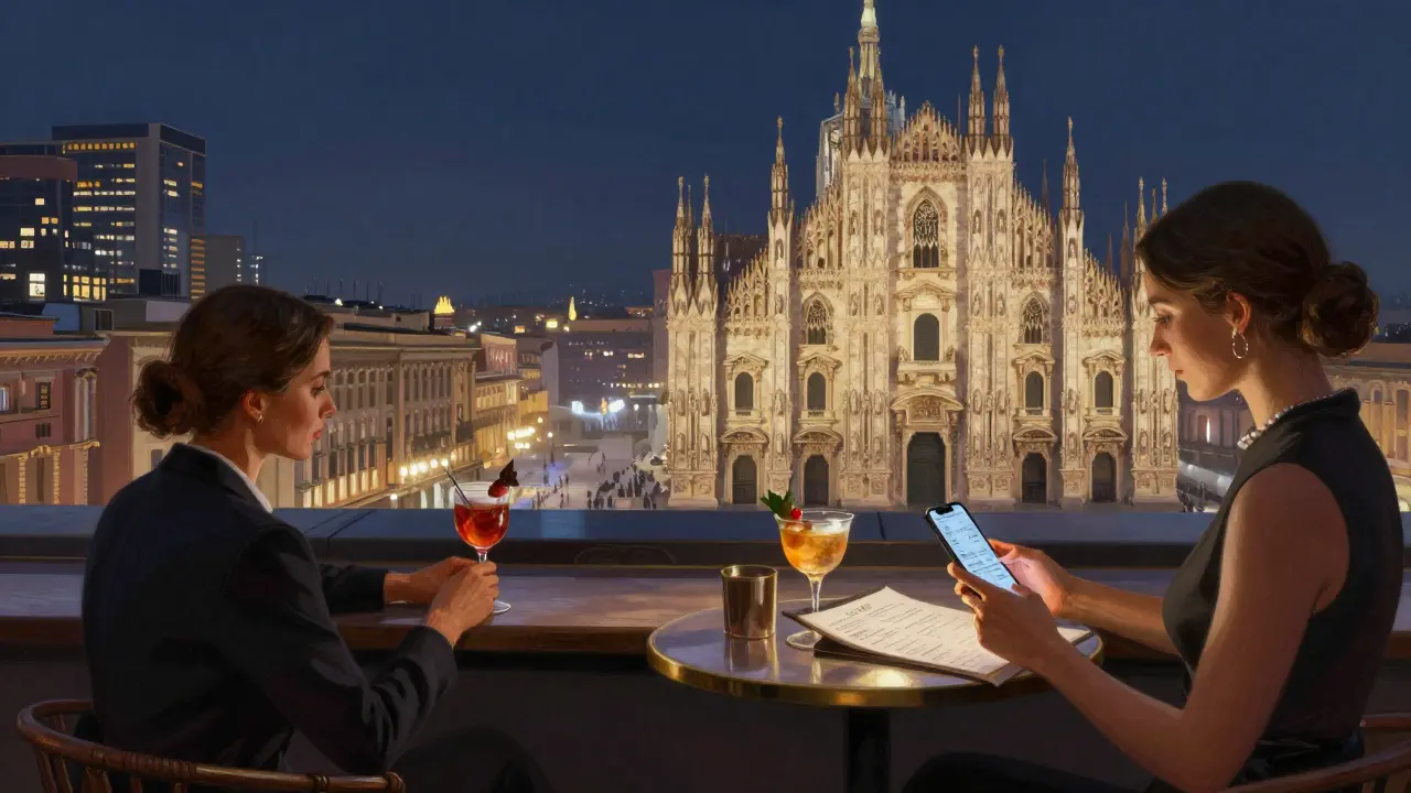 A couple enjoying cocktails on a Milan rooftop bar at night, with the city&#039;s illuminated skyline in the background.