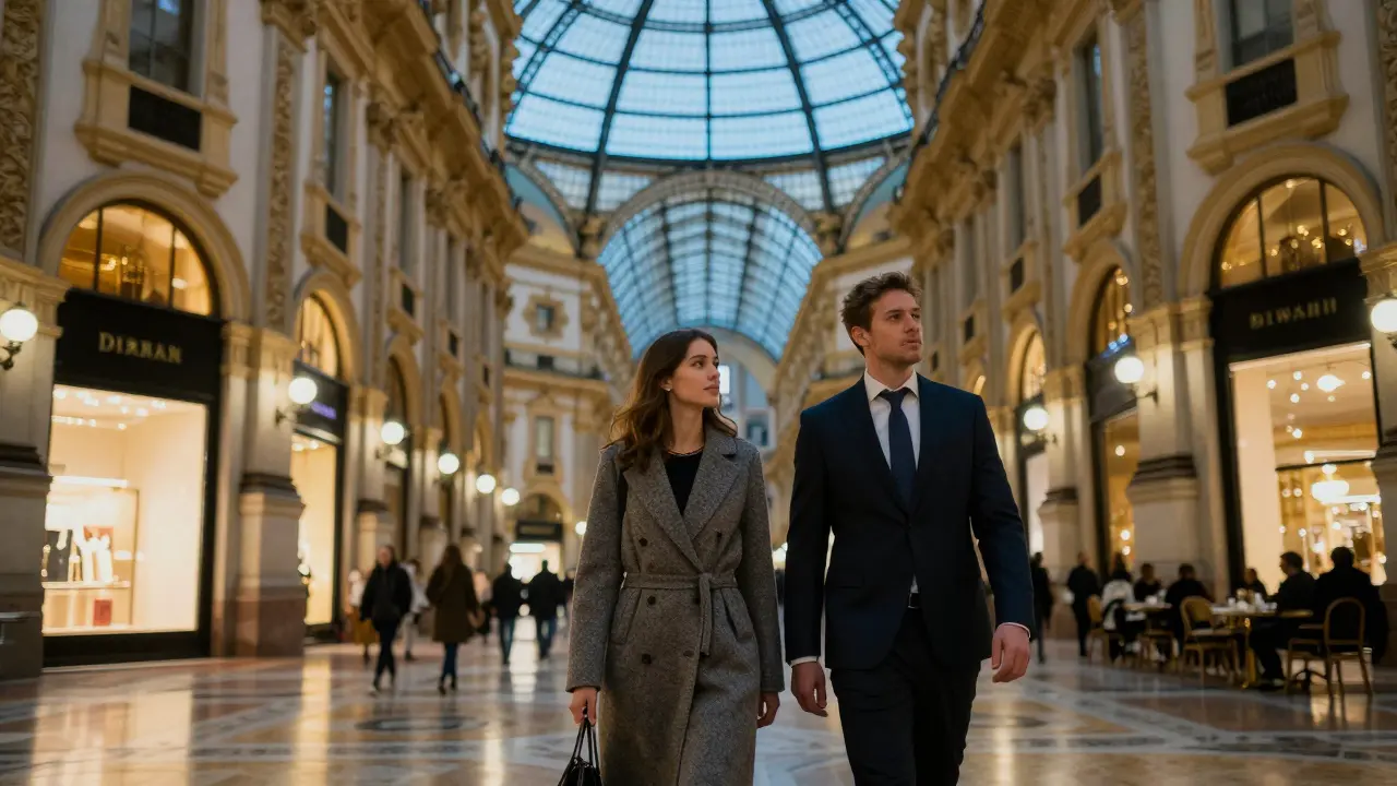 A couple walking through the illuminated Galleria Vittorio Emanuele II at night.