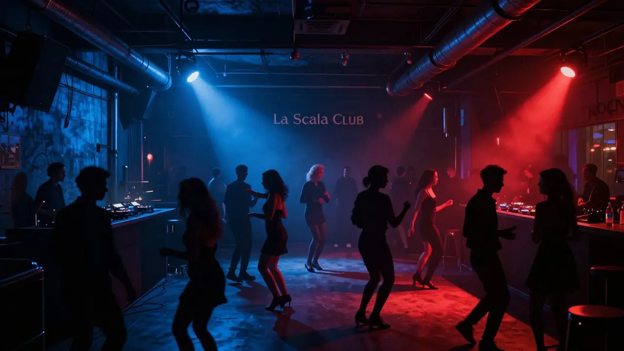 A crowded underground club with strobe lights and silhouetted dancers in elegant attire, industrial decor.