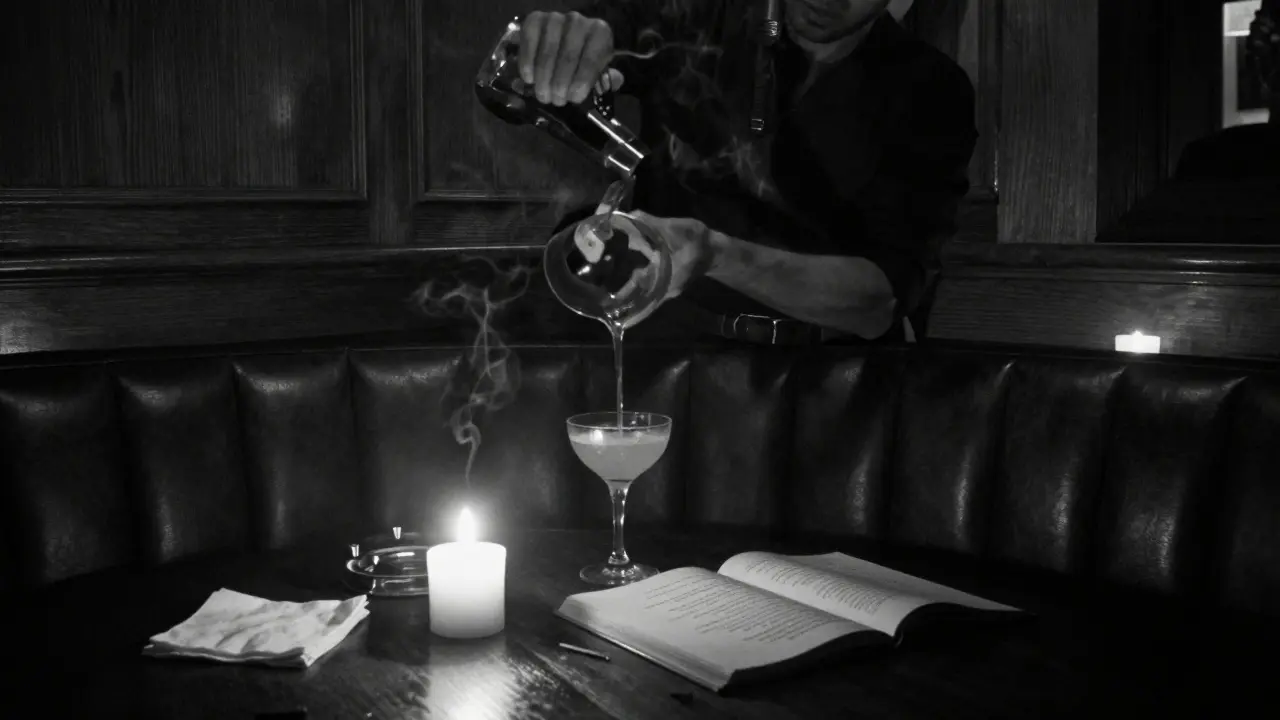 A dim speakeasy with candlelight, leather booths, and a bartender pouring a drink in silence.