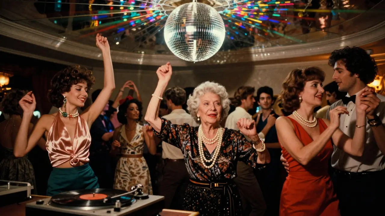 A disco ball reflects light on a diverse crowd dancing freely in La Belle Époque, no VIP section, pure joy in vintage style.