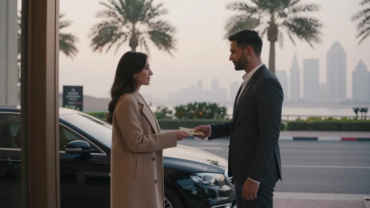 A discreet handoff of payment near a luxury hotel entrance at dawn, with a car waiting and no faces shown.