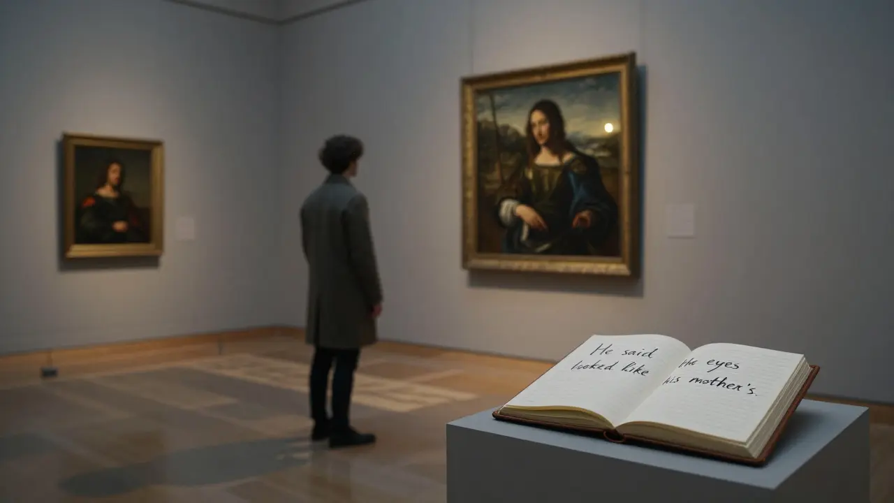 A figure standing before a Renaissance painting in an empty art gallery at dusk, back turned.