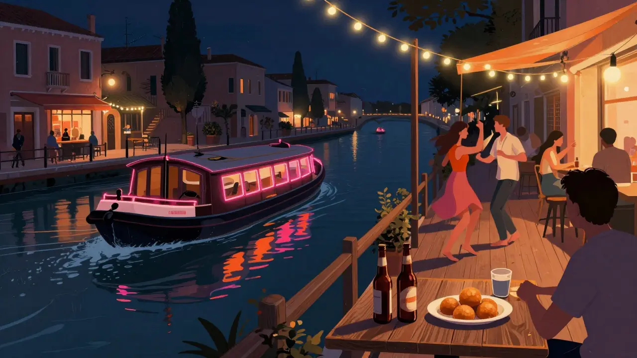 A floating bar on a canal at night with dancers on a wooden deck and neon reflections on the water.